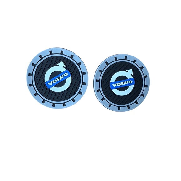 Volvo Car Cup Holder Coasters Set of 2 Black Blue Logo Non-Slip Silicone Inserts
